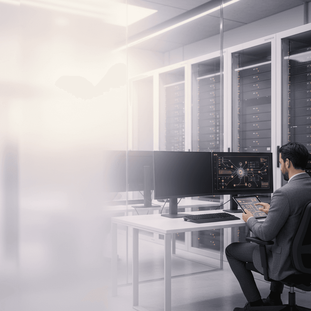 Telecom server room and engineer