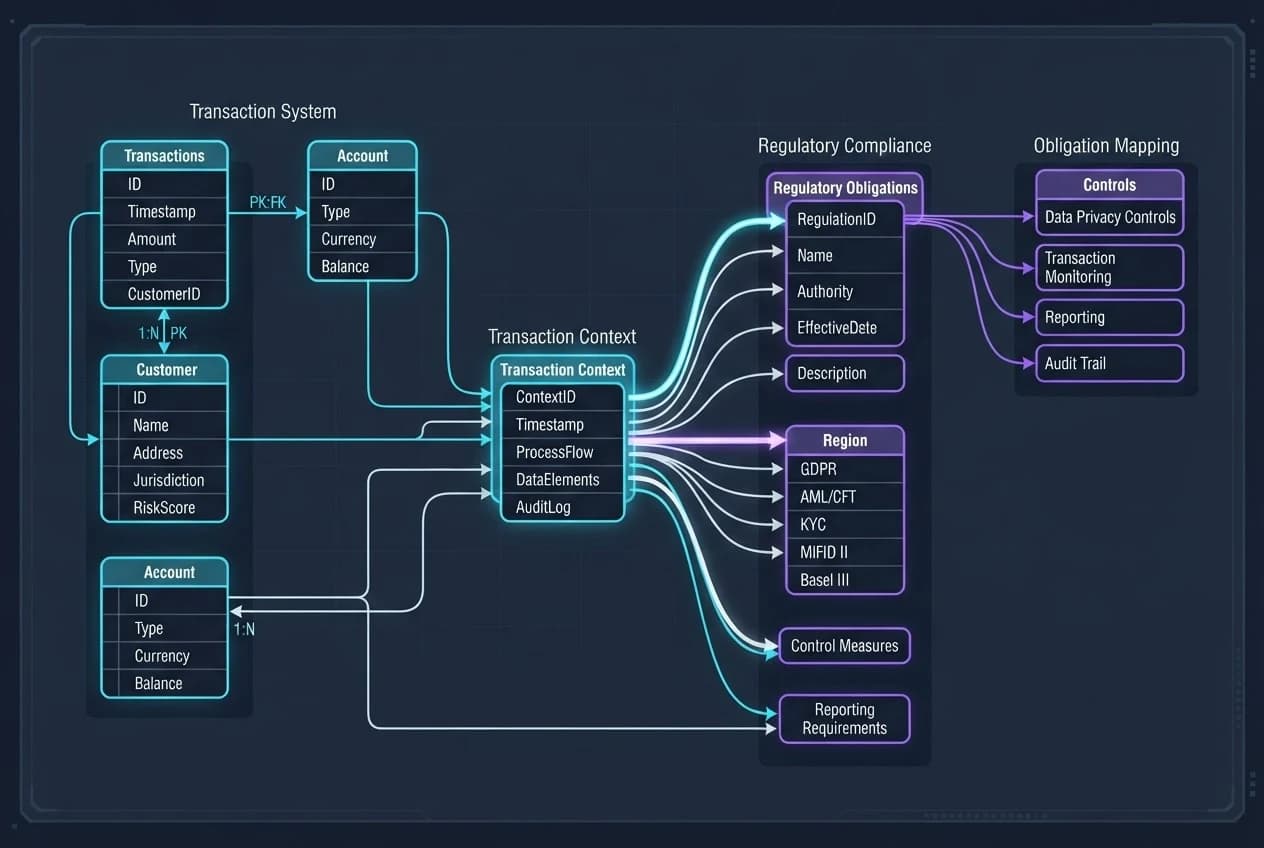 Illustrative schema linking transaction system tables through transaction context to regulatory obligations and obligation mapping controls